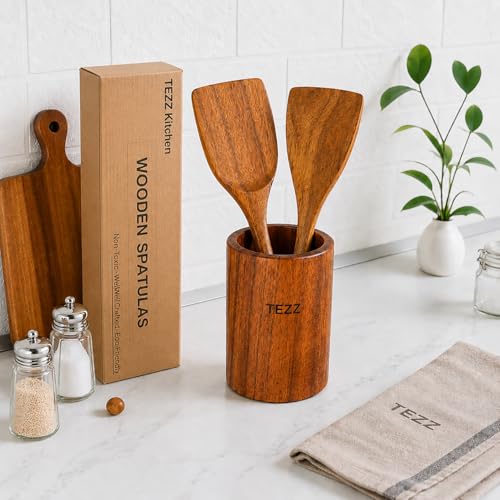 Image of Wooden Spatulas, 2 PCs Natural Acacia Wooden Cooking Utensils Set for Non-stick Pan Kitchen Tool, flipping and Wok Spatula, Wooden Spoons & Spurtle for Cooking