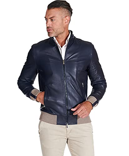 D'Arienzo Bomber Veste Cuir Daim Bleu électrique Homme Agneau Velours Bicouleur Moto Motard Bicolor Blouson Cuir Véritable Made in Italy 106 50/Bleu
