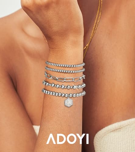 adoyi Silver Beaded Bracelets for Women, 14K Gold Plated Jewelry Bracelet Stack Dainty Initial Stackable Stretch Bead Ball Letter I Strand Bracelet Set Adjustable Gift for Women - Image 2