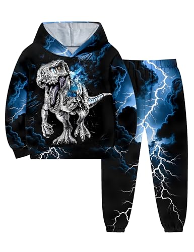 Image of Boys Clothes, T-Rex Print Dinosaur Boy Clothes Fall Winter Outfits Long-sleeved Hooded Sweatshirt Pants 2Pcs Set