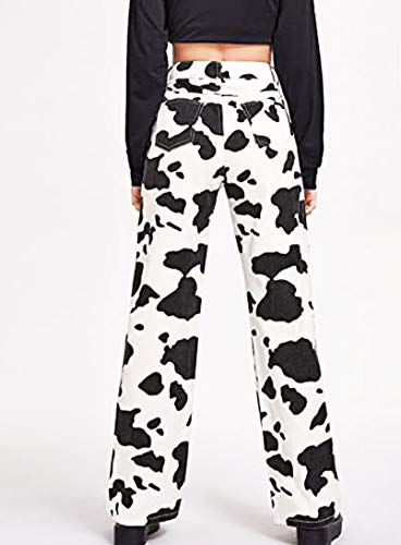 Y2K Women High Waisted Skinny Straight Leg Jeans Color Block Denim Pants Patchwork Classic Streetwear Baggy Trouser (Cow Print-A, Medium) #TOP1