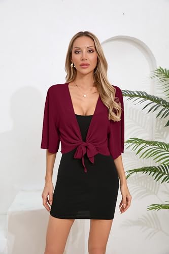 Image of TASAMO Women's 2026 Summer Lightweight Short Bolero Cardigan Shrug Sheer Tie Front Top 3 /4 Sleeve Jacket for Dress