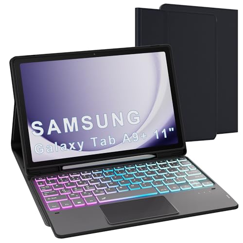 pour Samsung Galaxy Tab A9+ 11 pouces Étui avec clavier détachable - français AZERTY, Clavier rétroéclairé 3 zones 7 couleurs DIY avec pavé tactile -...