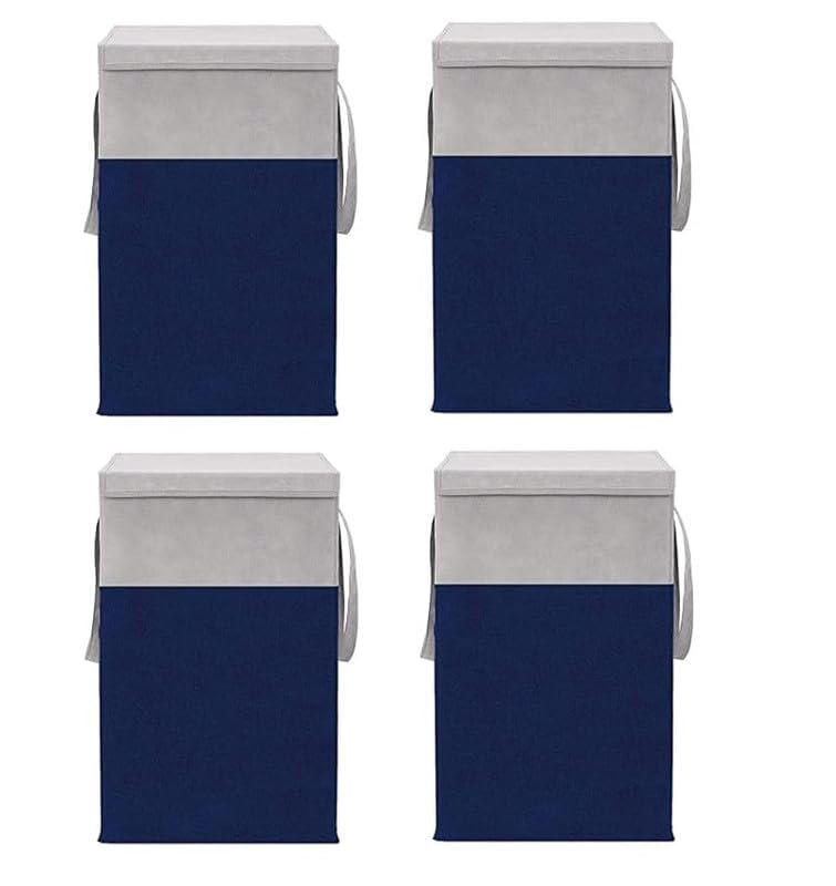 Image of 75L Non Woven Printed Rectangular Foldable Laundry Bag With Lid And Handle | Large Clothes Storage Organiser For Bedroom Dorm Utility Home Use | Laundry Basket Pack Of 4 | Grey & Navy Blue