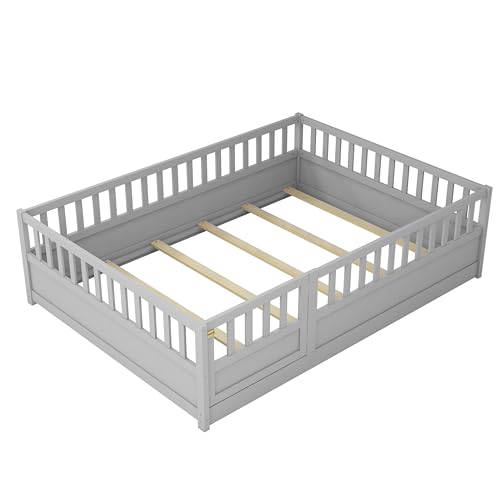 Full Floor Bed with Slats, High Fence and Door, Montessori Floor Bed Full Size, No Box Spring Needed, Easy Assemble Floor Bed(Gray Full)