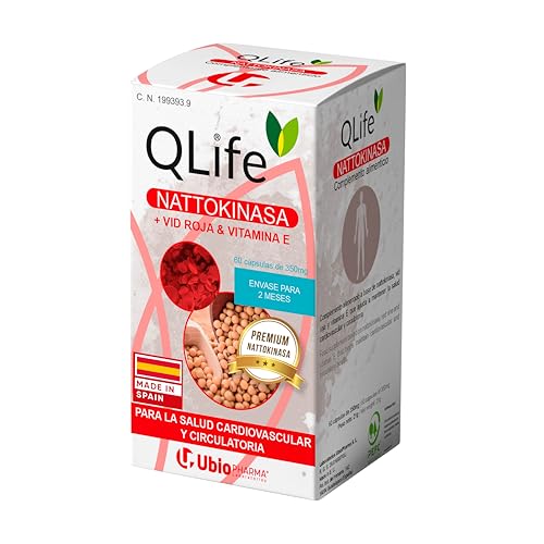 QLife Nattokinasa Premium100 mg (20.000 U.F./g) – Complemento alimenticio a base de Soja Fermentada con Vid Roja y Vitamina E – Apoyo Cardiovascular - 60 cápsulas veganas