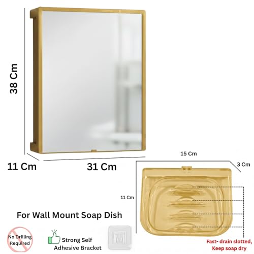 Image of CIPLA PLAST New Rich Look Bathroom Cabinet with Mirror | Storage Organiser | Strong Plastic Bathroom Shelves Wall Mounted | Bathroom Accessories| Mirror Cabinet (Metallic Gold) with Soap Dish