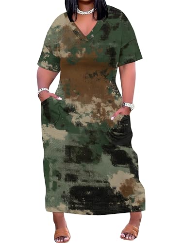 Image of Plus Size Maxi Dress for Women Short Sleeve V Neck Casual Loose Sundress with Pockets