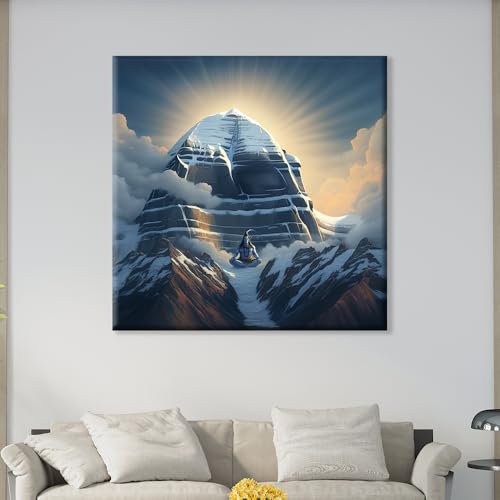 Image of EXSHA Mount Kailash with Meditating Lord Shiva Decorative Canvas Wall Painting|Sacred Himalayas Spiritual Art Print for Pooja Room, Yoga Studio, Living Room, Home Decor|Religious Paintings|24x24 Inch