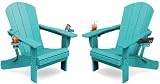 KINGYES Folding Adirondack Chair Set of 2, Dual Cup Holders & All-Weather HDPE, Wood-Like Patio Chair for Backyard, Camping, Pool & Fire Pit, Aruba