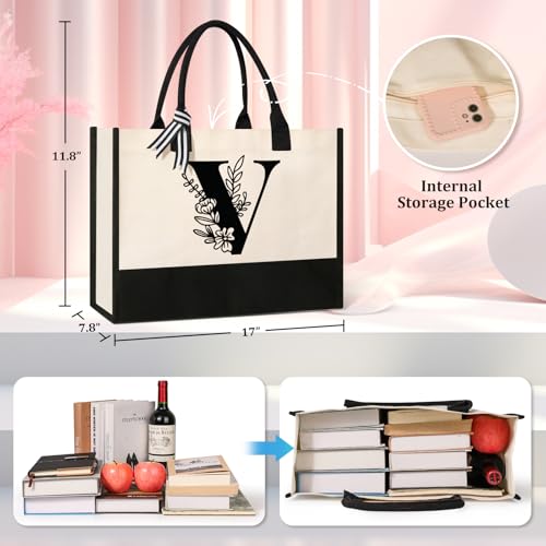Image of Personalized Initial Canvas Tote Bag, Suitable for Birthday, Wedding, Beach, Holiday, Gifts for Women, Mom, Teachers, Nurses, Best Friends, Bridesmaids (V)