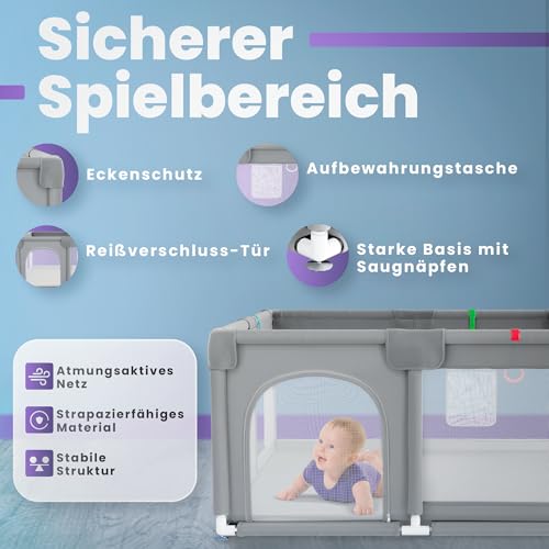 JUPPLIES Laufstall Baby 120×120 cm – Laufgitter mit seitlicher Tür & atmungsaktivem Netz, rutschfest und stabil, Metallrahmen – ohne Spielmatte