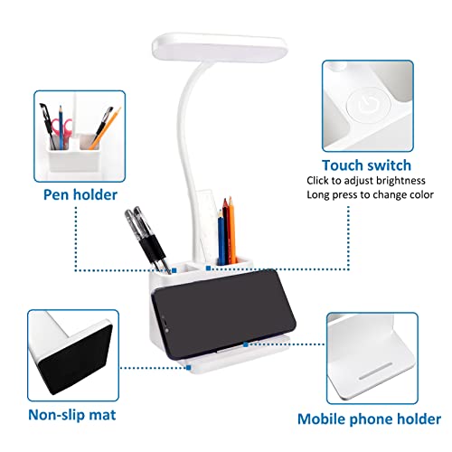 Lampe de Bureau LED 5W, 3 Modes d’éclairage et 3 Luminosité Réglable, USB Lampe de Bureau pour Enfants Rechargeable, Col de Cygne Flexible, Avec Porte-Stylo et Support pour Téléphone Portable, Blanc - Image 4