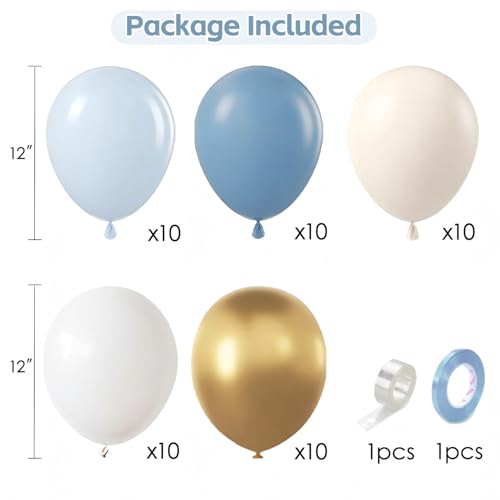 Image of Dusty Blue and Gold Balloons, Light Blue White Sand, Latex, Party Decor | 50 Pcs 12 In, Dusty Blue Gold Balloons, for Gender Reveal Birthday Graduations Weddings Bridal Shower Party Decorations