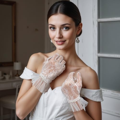 Short Lace Mesh Gloves Tulle Border with Pearls Elegant Courtesy Costumes Dressy Gloves for Ladies Women Formal Wedding Opera Dinner Tea Party4