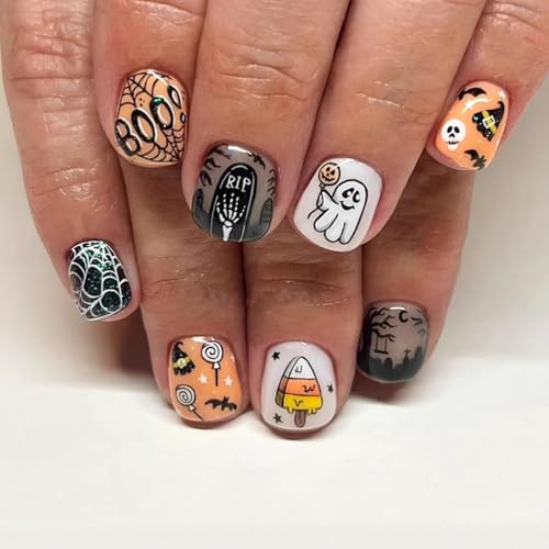 24Pcs Halloween Press on Nails Short Square Fake Nails with Lolli...