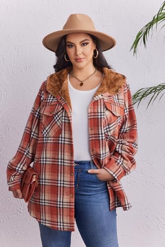 IN'VOLAND Plus Size Women Flannel Plaid Shacket Jacket Long Sleeve Button Down Fleece Hooded Jackets Fall Winter Coat3
