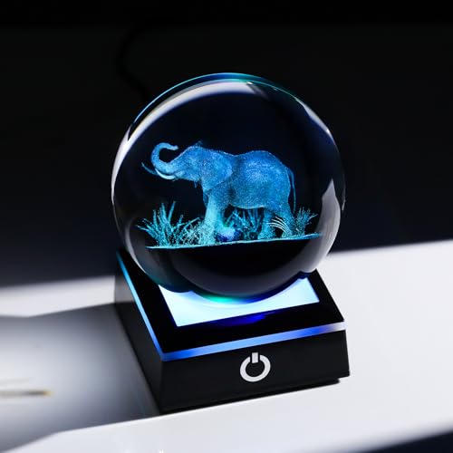 Image of Arikyrist 3D Crystal Ball Elephant Figurine with Colorful Light Base, Laser Elephant Gifts for Women Men, Glass Elephants Statue Decorative Ball for Home Office (80mm)