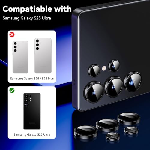 Image of Camera Lens Protector Ring Compatible with Samsung Galaxy S25 Ultra - 9H Tempered Glass, HD Clear, Anti-Scratch, Anti-Drop Metal Camera Guard, Diamond Design Lens Cover Titanium Black