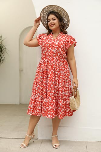 Image of Keluummi Plus Size Midi Dress for Curvy Women Wedding Guest Summer Floral Empire Waist Short Sleeve with Pockets