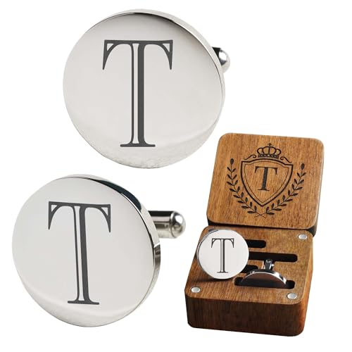 Mens Classic Initial Cuff links A-Z Alphabet 26 Letters Stainless Steel Silver CuffLinks with Engraved Walnut Wood Gift Box Business Wedding Set