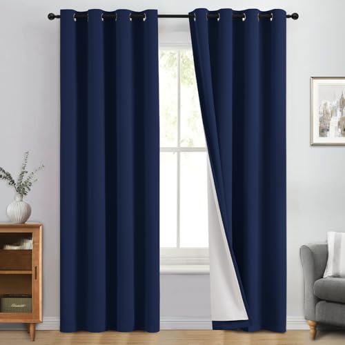 Image of Yakamok Navy Blue 100% Blackout Curtains 84 Inches Long 50 inch Wide, 2 Panels | Blackout Curtain Panels for Bedroom, 2 Thick Layers Grommet Top Thermal Insulated Drapes with White Back for Living Room