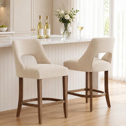 Butacos modernos de bar, set de 2 unidades, altura para barra (26 pulgadas), con respaldo y reposapiés curvo, tapizados en beige con patas de nogal, para isla de cocina, comedor y bar