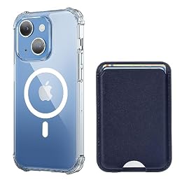 Siaincsy for iPhone 14 Case with Card Holder, Compatible with MagSafe Clear Case Magnetic Wallet, Anti-Yellowing & MIL-Grade Protective, Includes Detachable Blue Leather Wallet Holds 3 Cards