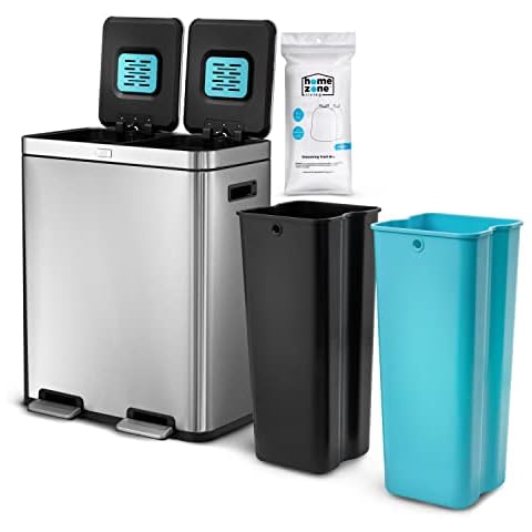 Home Zone Living 16 Gallon Dual Trash Can for Recycling and Trash with CleanAura Odor Control, 60 Liter Total Capacity, Silver Cover