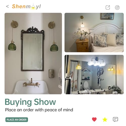 Image of Shenmoyl Battery Operated Wall Sconce with Green Tulip Shade Pattern Glass Adjustable Chain Retro Gold Wall Mounted Light, Modern Wall Decor for Bedside Bedroom Indoor Doorway, Set of 2