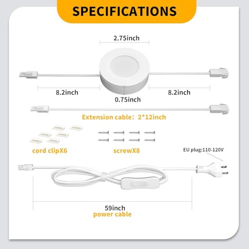 WOBANE LED Puck Lights,Hardwired Under Cabinet Lighting with Switch,DIY Shelf Light for Kitchen,Display,Bookcase,Pantry,Linkable,Recessed & Wall Plug in,Warm White 3000K,120V,Set of 3 by WOBANE - Image 7