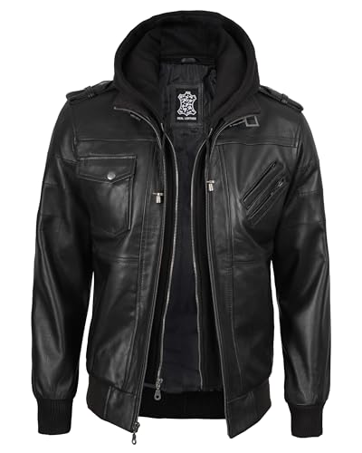Image of fjackets Men Hooded Leather Jacket - Real Lambskin Men's Bomber Leather Jackets with Detachable Hood Stylish Casual Outerwear