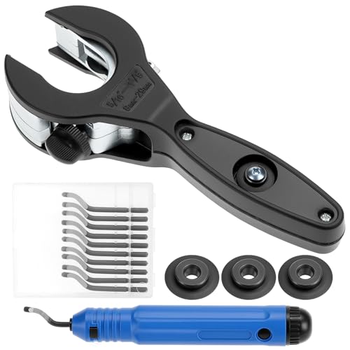 QWORK® Cortador de Tubos de Trinquete 8-29mm (5/16'-1 1/8') – Corte de Precisión para Acero Inoxidable, Cobre y PVC – Incluye Herramienta de Desbarbado y 3 Cuchillas de Repuesto