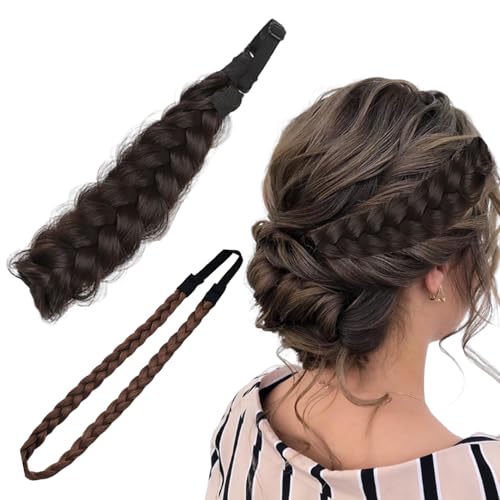 YIZWINS 2 piezas de pelo para mujer, diadema trenzada de 3 hebras, pelo sintético trenzado, accesorios para mujeres y niñas (ancho 4 cm y 1 cm, marrón oscuro)