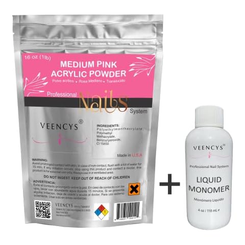 Veencys Acrylic Powder for Nail (16 oz Medium PINK) EMA Professional Liquid Monomer. Non-yellowing. Ultra Shine and Strong Nail (4 FL oz) Cover