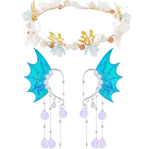 FRESHME Elf Ear Cuffs and Crown - Blue Mermaid Ears Fairy Crown Fairy Ear Cuffs with Shell Tassel Mermaid Fin Siren Ears Halloween Costume Renaissance Makeup Renfaire Fantasy Cosplay Accessories