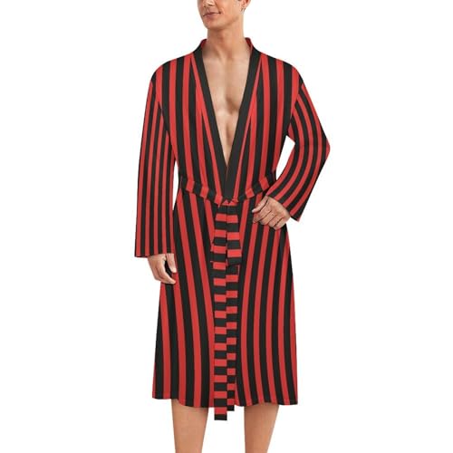 Stripes Mens Robe Long Sleeve V Neck Bathrobes Sleepwear Robes with Belt