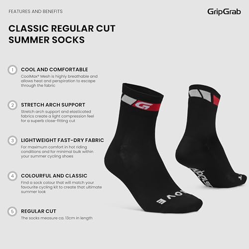 Image of GripGrab Classic Summer Cycling Socks - Regular Cut, Coolmax Multipack | Breathable Coolmax mesh, stretch arch support, ~5 in. cut - single, 3-pack & 6-pack for road & indoor biking