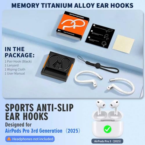 Image of Anti-Slip Ear Hooks for AirPods Pro 3 (2025), Comfortable Fit | Sports Anti-Loss | Memory Titanium Alloy Ear Hooks Compatible for AirPods Pro 3rd Generation Earbuds Accessories with Lanyard, White