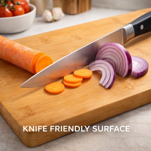 Image of Large Bamboo Wood Chopping Board 34 x 24 cm | Eco Friendly BPA Free Cutting Board for Vegetables Fruits Cheese & Meat | Durable Anti Microbial Kitchen Board | Easy to Clean & Knife Friendly