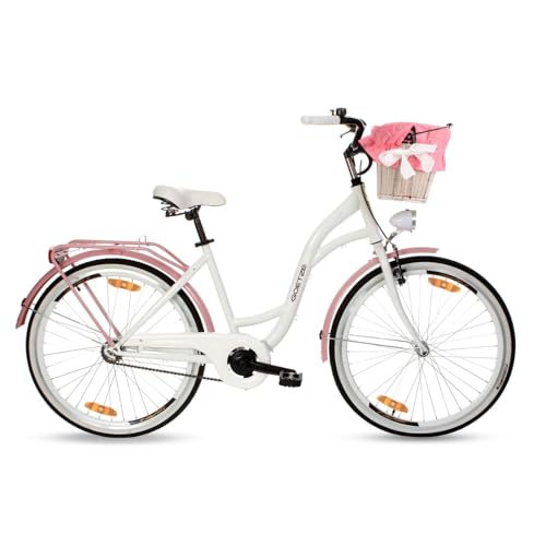 Goetze Style 26 Zoll Damen Citybike, 17 Zoll Tiefeinsteiger Rahmen, 1-Gang Rücktrittbremse, V-Bremse vorne, LED-Beleuchtung, Gepäckträger, Rattankorb, Komfortsattel, mit Ständer & Klingel
