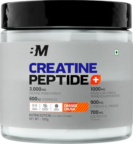 Bigmuscles Nutrition Creatine + Peptides [180g, Orange Crush] | Creatine Powder with Superior Grade Magnesium, Electrolytes, Tyrosine, Theanine & Vitamin D3