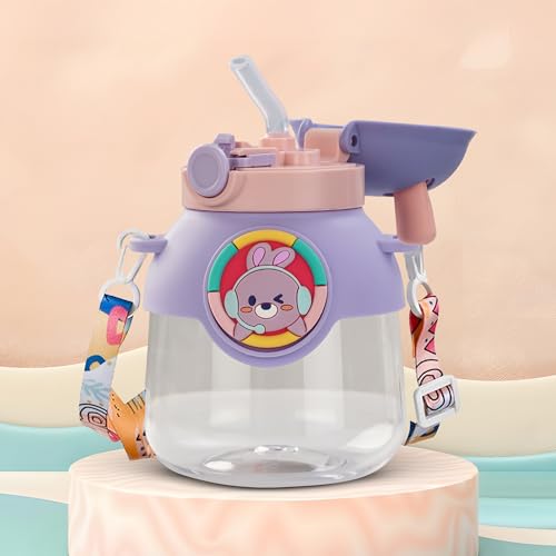 Image of Baybee Bubbly Kids Sipper Water Bottle 670ml | BPA Free & Leakproof Safe Sipper Bottle with Straw | Cute Rabbit Design Smooth Sipping with Handle & Neck Strap,Flip Lid for School Kids & Babys (Purple)