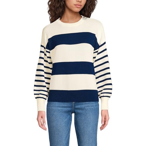 Lands' End Women's Drifter Jersey Crewneck Sweater Large Navy/Fresh Ivory Wide Stripe