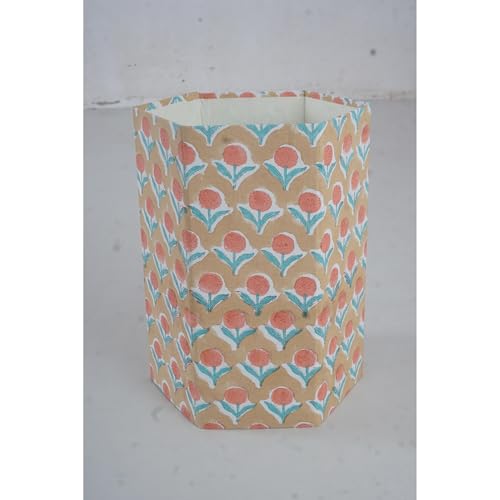 Image of Floral Hand Block Printed 3.3 Gallon Decorative Waste Basket - Eco-Friendly Cardboard Trash Can, Plastic-Free & Sustainable, Perfect for Christmas and Housewarming Gifts (1, Yellow Blue FLOWAR)