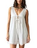 TIQOJE Womens Easton Lace Trim Romper Perfect for Summer and Casual Outfits(White-M)