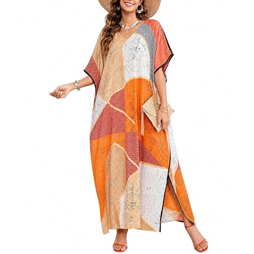 Image of Gypsie Blu Women Plus Size Kaftan Dress Beach Cover Up Maxi Dresses for Women, V-Neck Kimono Sleeve 1X-3X