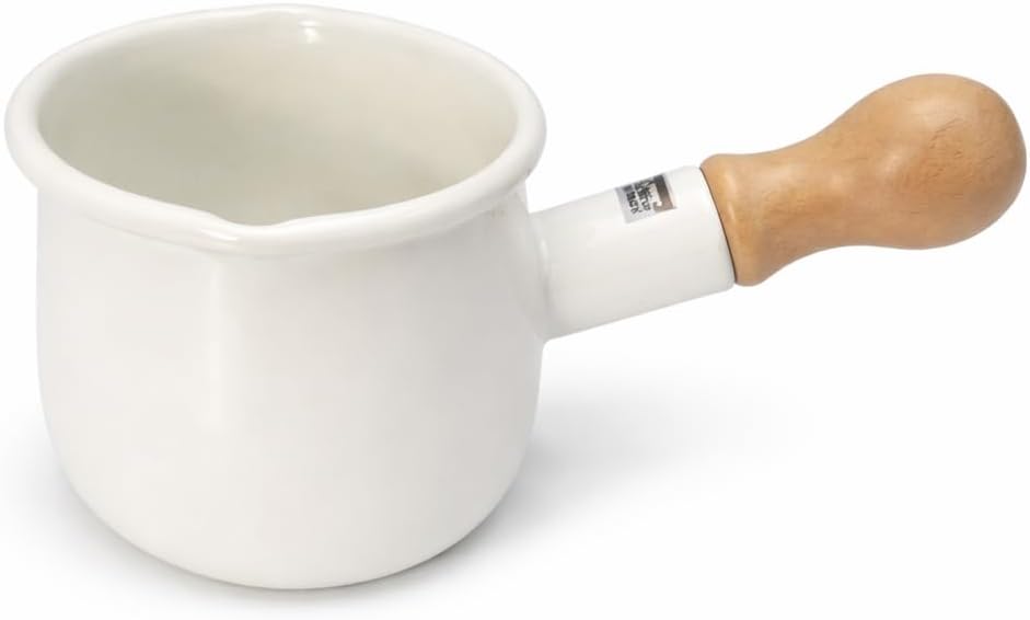 0.6qt Mini Enamel Milk Pot [ Designed in Japan ] 18.6 fl oz Butter Melter Milk Boiler Mini Saucepan with Pour Spout Butter Melting Pot Milk Pot for Stove Chai Pot (White)