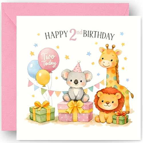 2nd Birthday Card for Girls - Two Today 2 Years Old Farm Animal Design - Happy Second Birthday Greeting Card for Granddaughter Niece Daughter - Includes Pink Envelope 14cm