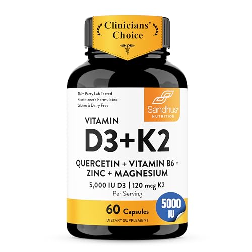 Sandhu's Vitamin D3 K2 5000 IU with Magnesium, Zinc, B6, Quercetin - 60 Capsules, 2-Month Supply, NSF-GMP Certified